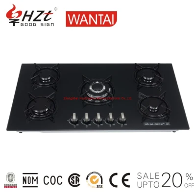 Cocina de panel templado Estufa de 5 quemadores Cubierta de vidrio Placas de cocina de gas de China Cocina de gas incorporada